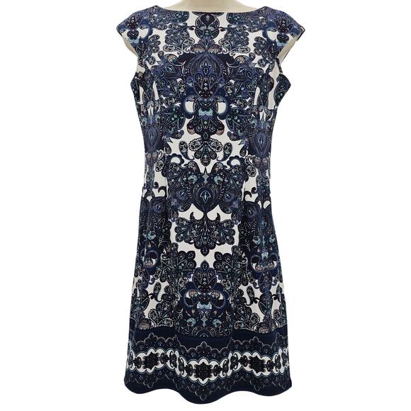 London times Womans size 4 Petite Paisley Ponte Knit Cap Sleeve Mini Dress Blue - Picture 1 of 8